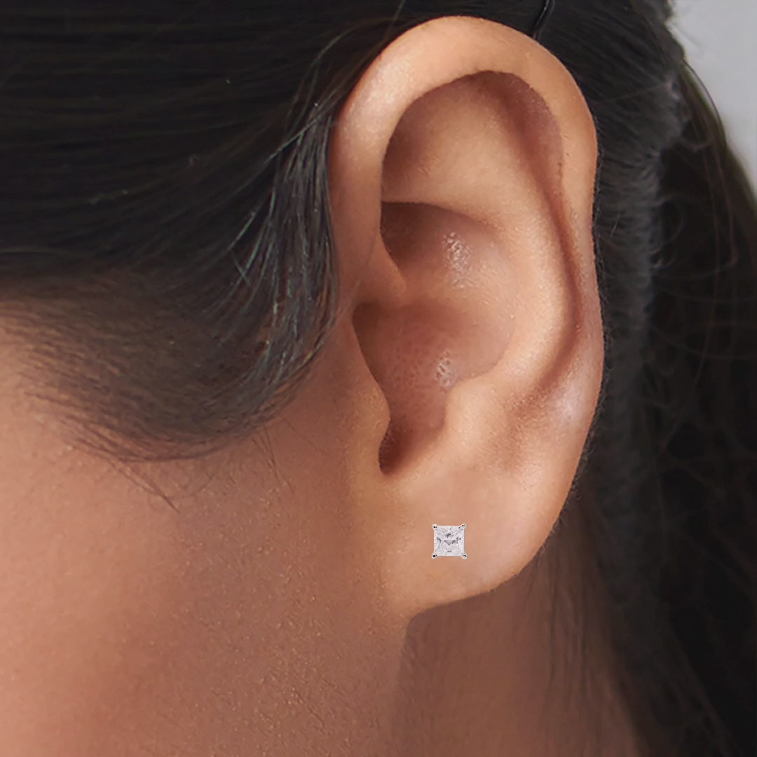 925 Silver Solitaire Princess Cut CZ Stud Earrings, Square Diamond Earrings