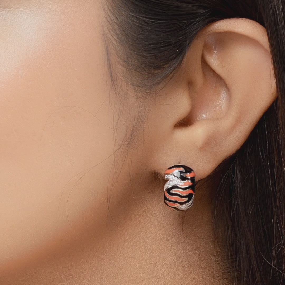 Enamel Hoop Earring 925 Sterling Silver Orange Black CZ Earrings Jewelry-18x10 mm