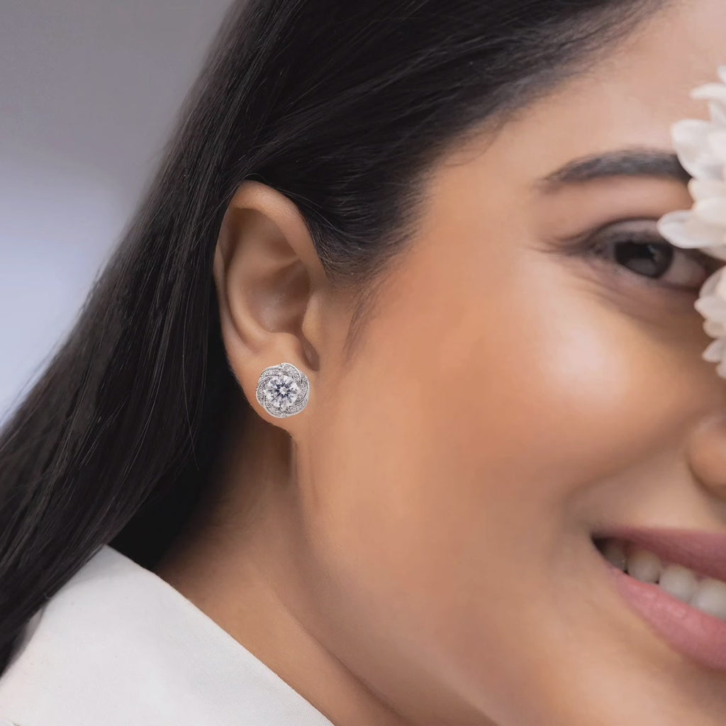 925 Silver Swirl Halo Stud Earrings Round CZ Sparkling Elegant Twist Earrings