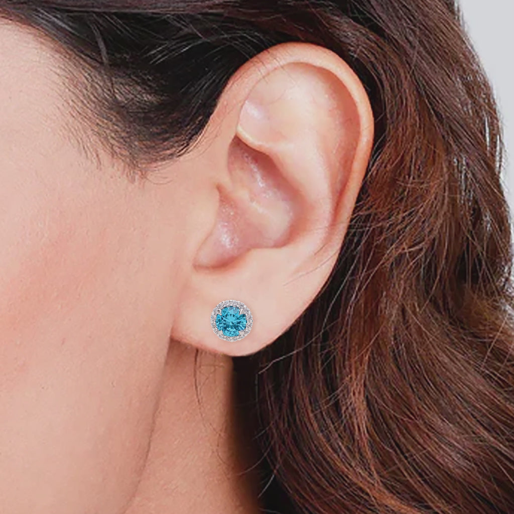 925 Silver Birthstone Jewelry Blue Topaz Halo Stud Earrings Dainty CZ