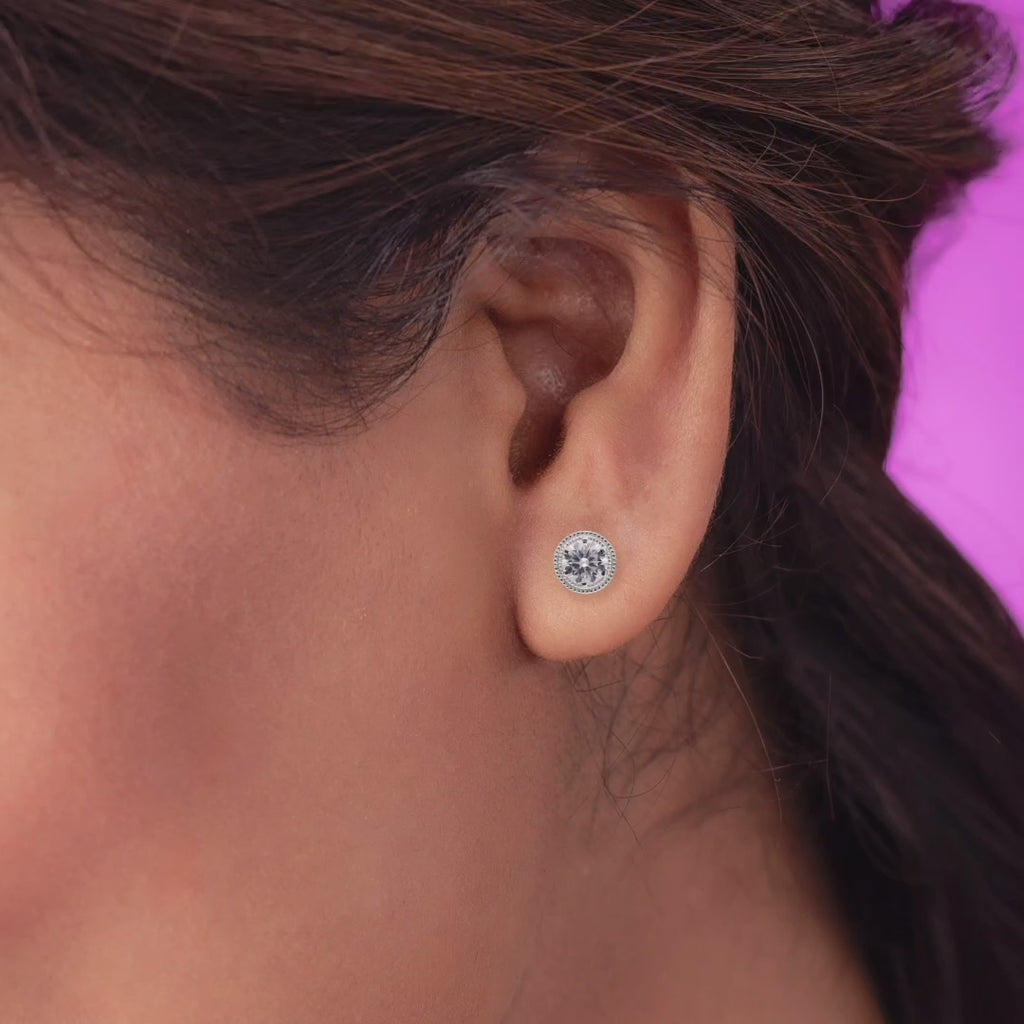 925 Sterling Silver Round CZ Stud Earrings Vintage Setting Classic Sparkle Earrings