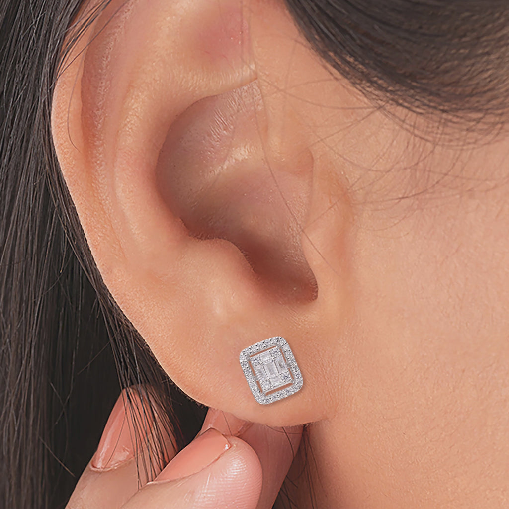 925 Silver Halo Studs Earrings, Vintage Style Baguette CZ Earrings
