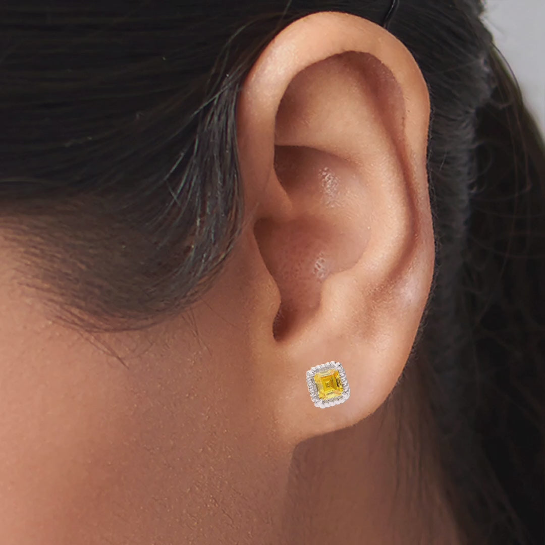 925 Silver Princess Cut Stud Earrings, Rope Edge Design, Yellow Gemstone Jewelry