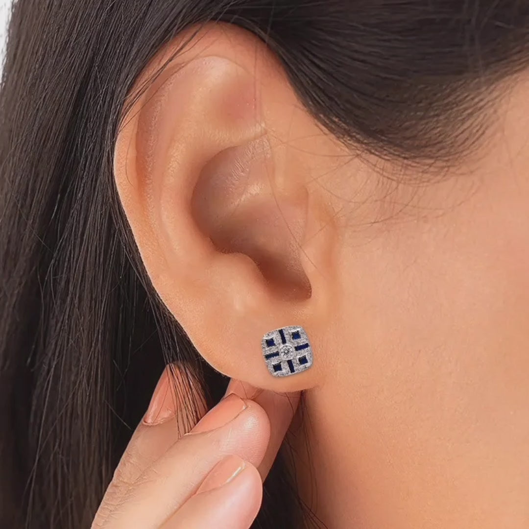 Art Deco Blue Sapphire Stud Earrings, 925 Silver Square CZ Earrings, 925 Stamp, Warranty & Authenticity