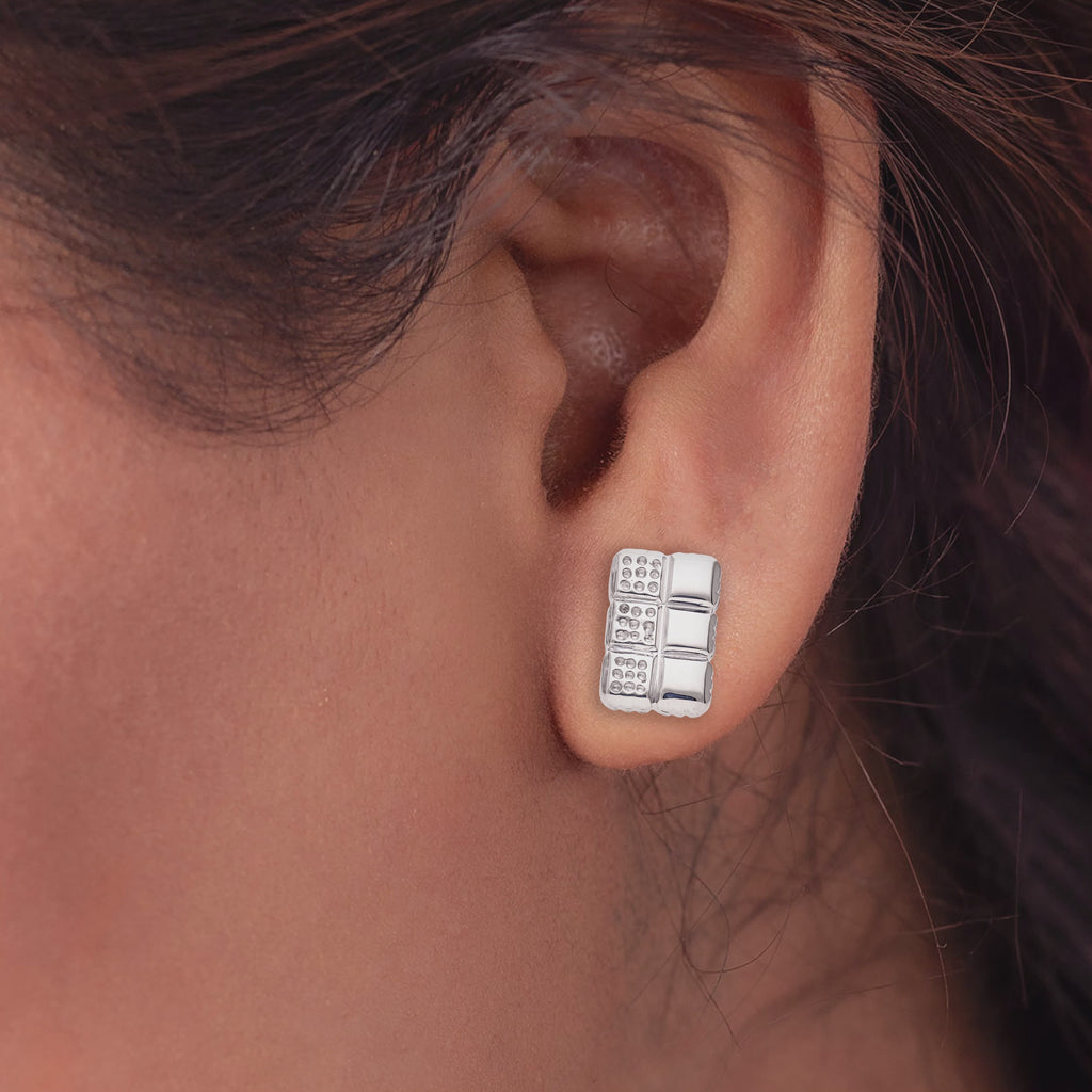 925 Silver Retro Stud Earrings, Geometric Block Design, Bold Textured Earrings