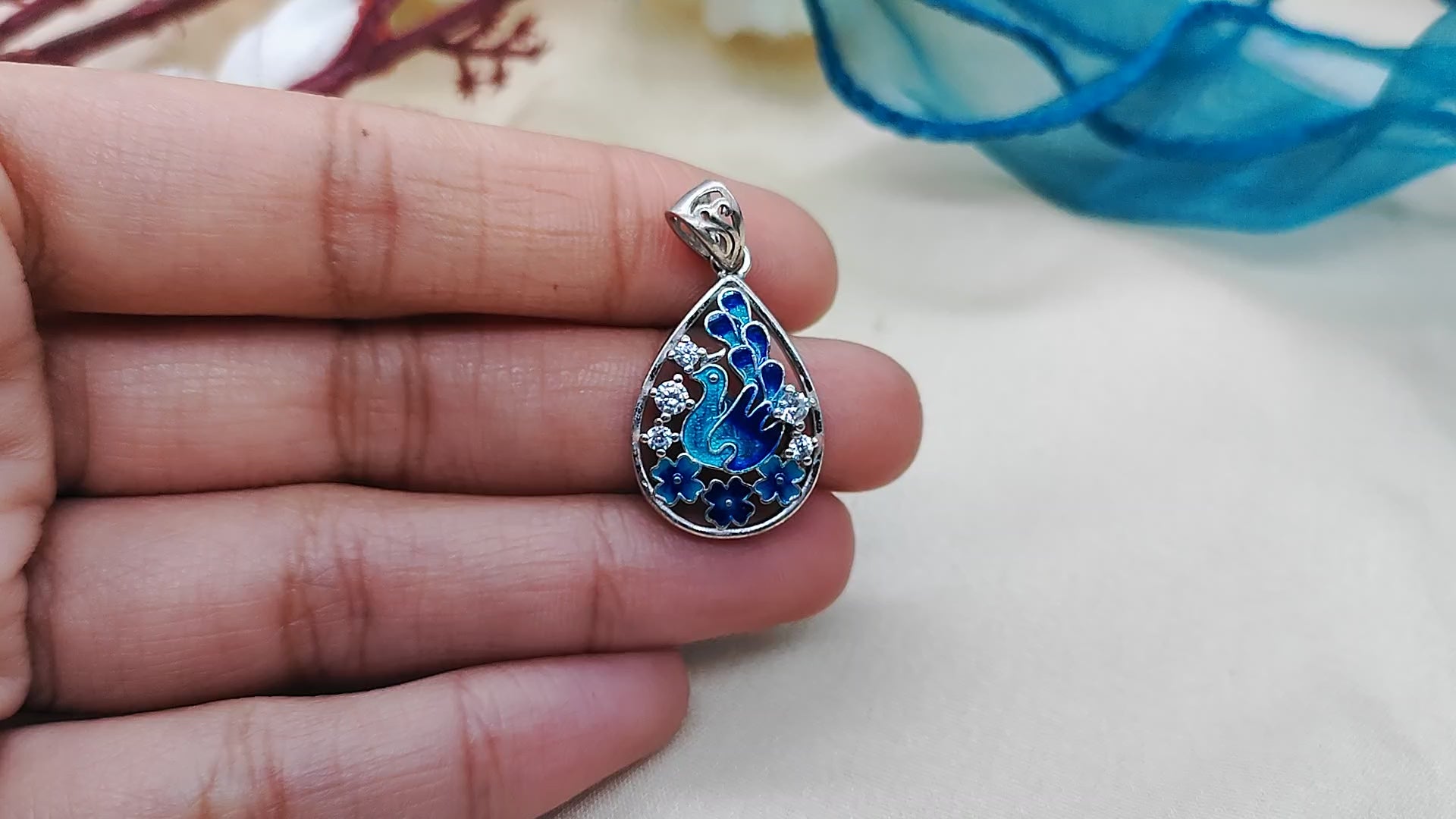 Peacock 925 Sterling Silver Pendant Pear Enamel and CZ Pendant Handmade Jewellery
