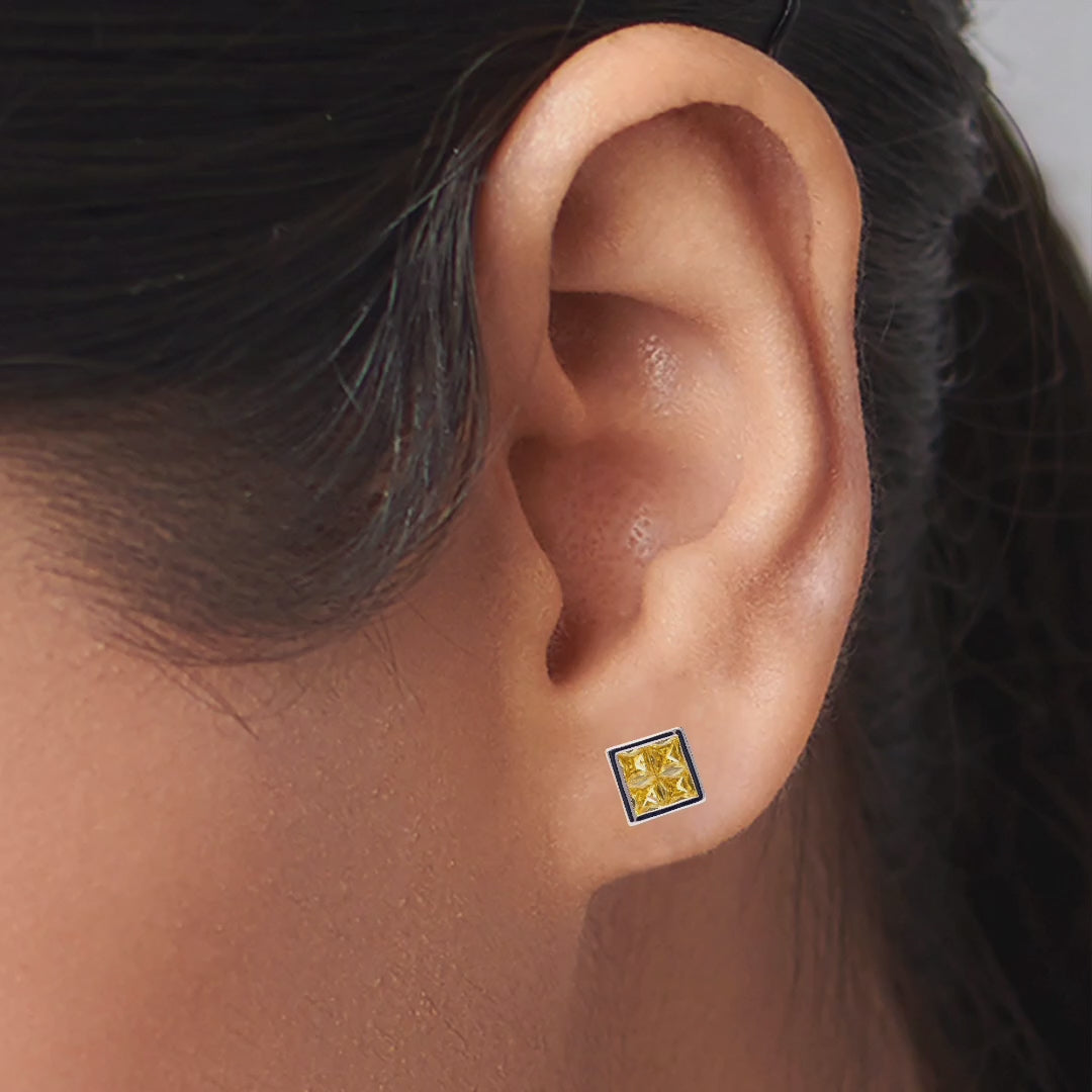 925 Silver Princess Cut Yellow CZ Stud Earrings, Square Sparkle Earrings