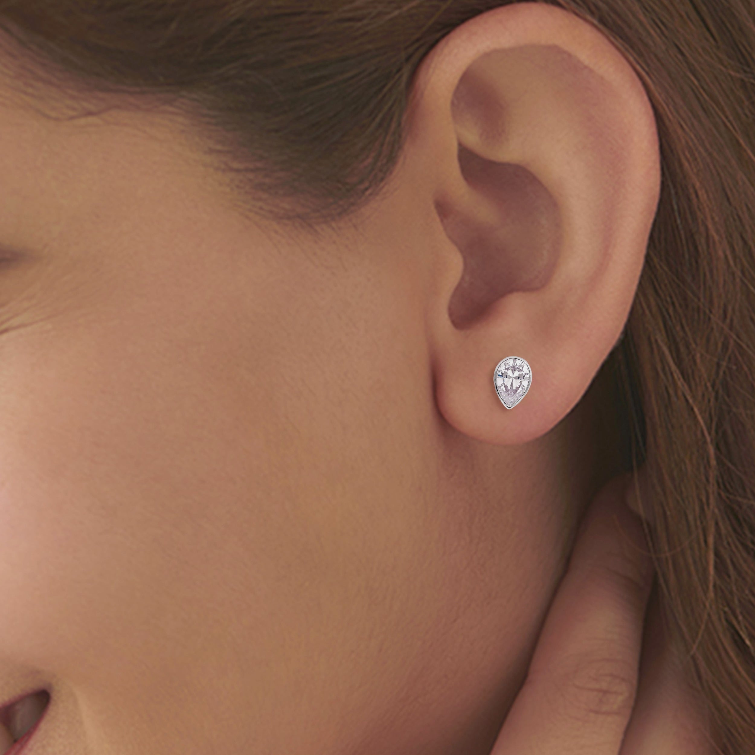 925 Silver Pear Cut Teardrop CZ Stud Earrings, Bezel Set Waterdrop Pear Shape Earrings