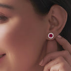 925 Silver Halo Stud Earrings with Princess Cut Ruby Red CZ