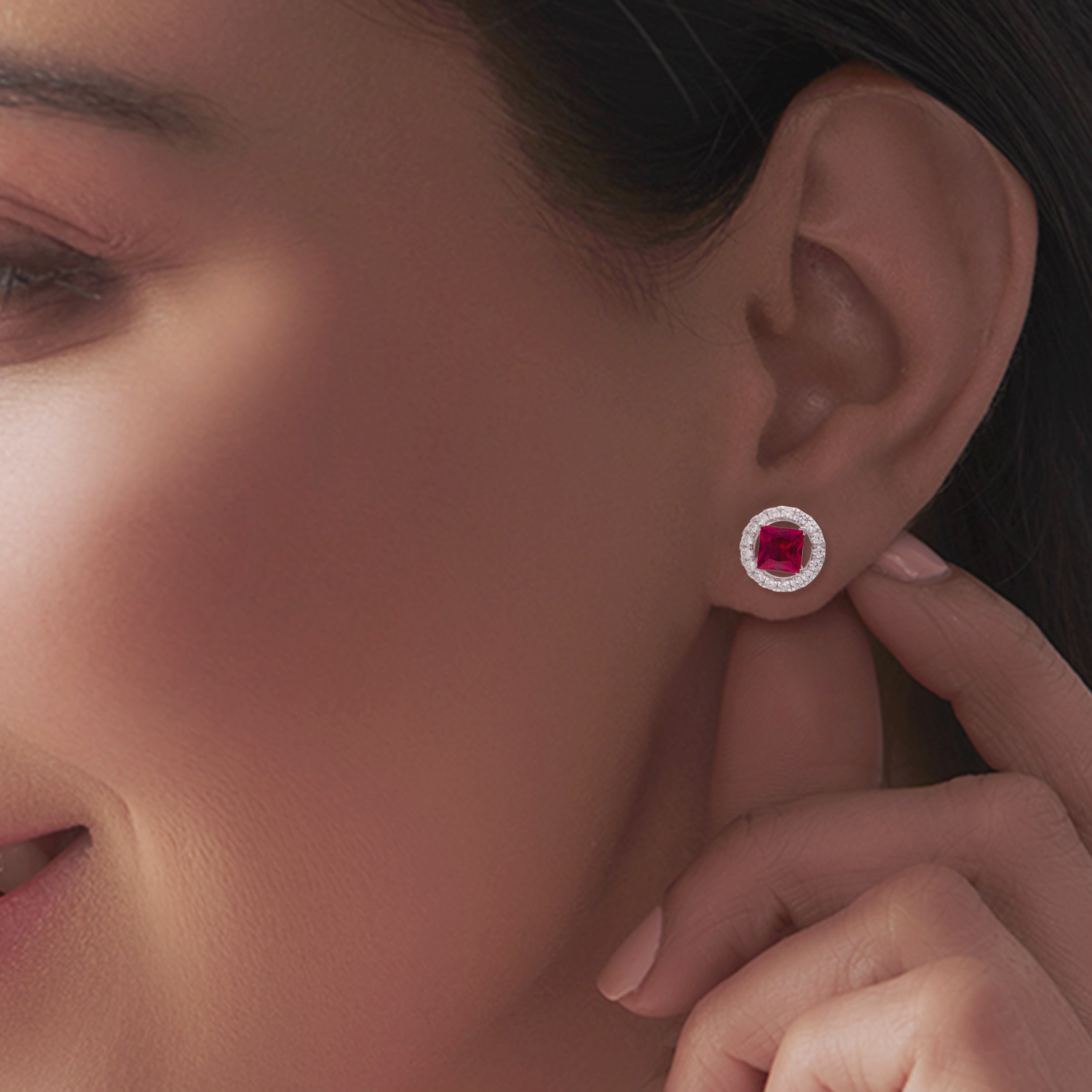 925 Silver Halo Stud Earrings with Princess Cut Ruby Red CZ