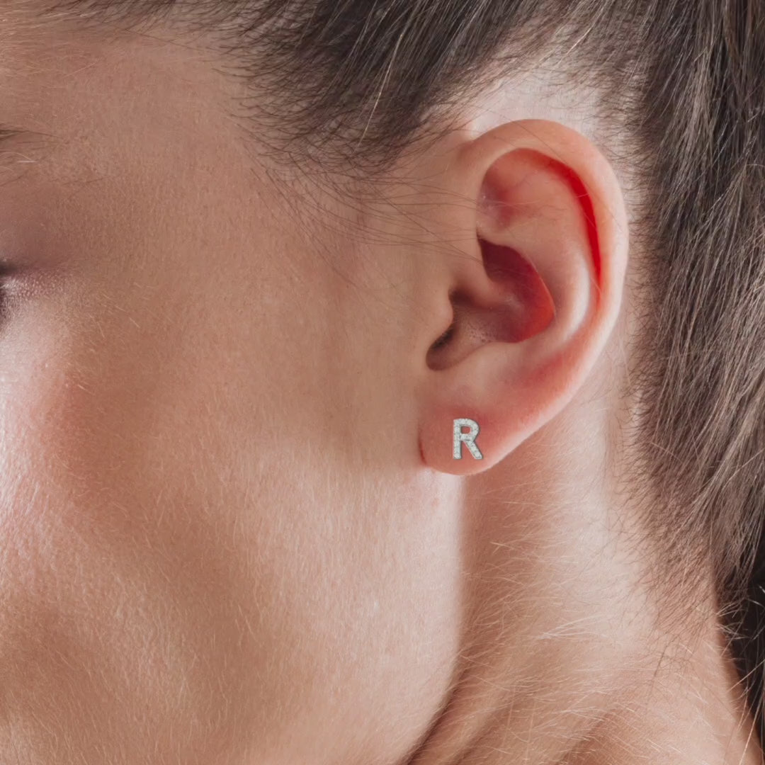 925 Sterling Silver R Initial CZ Stud Earrings Personalized Gift for Her