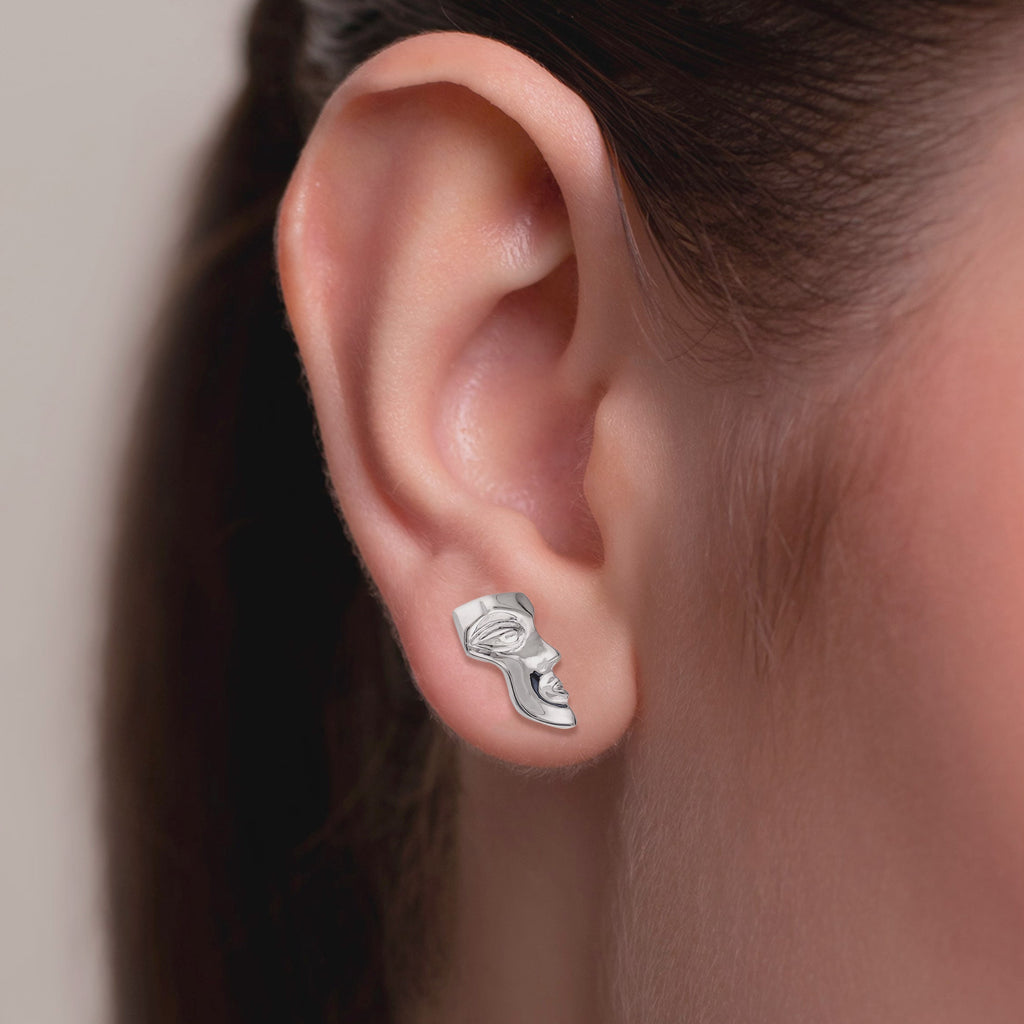 925 Silver Abstract Face Stud Earrings Modern Art Statement Jewelry Gift Mask Quirky Jewellery