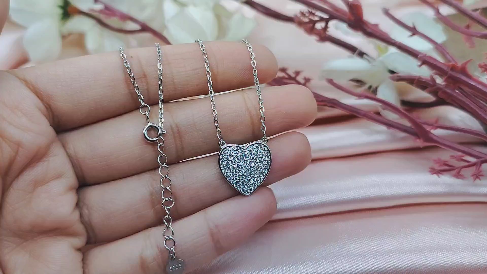 Valentines Day Gift 925 Sterling Silver Heart Pendant Unisex Cubic Zirconia Necklace set