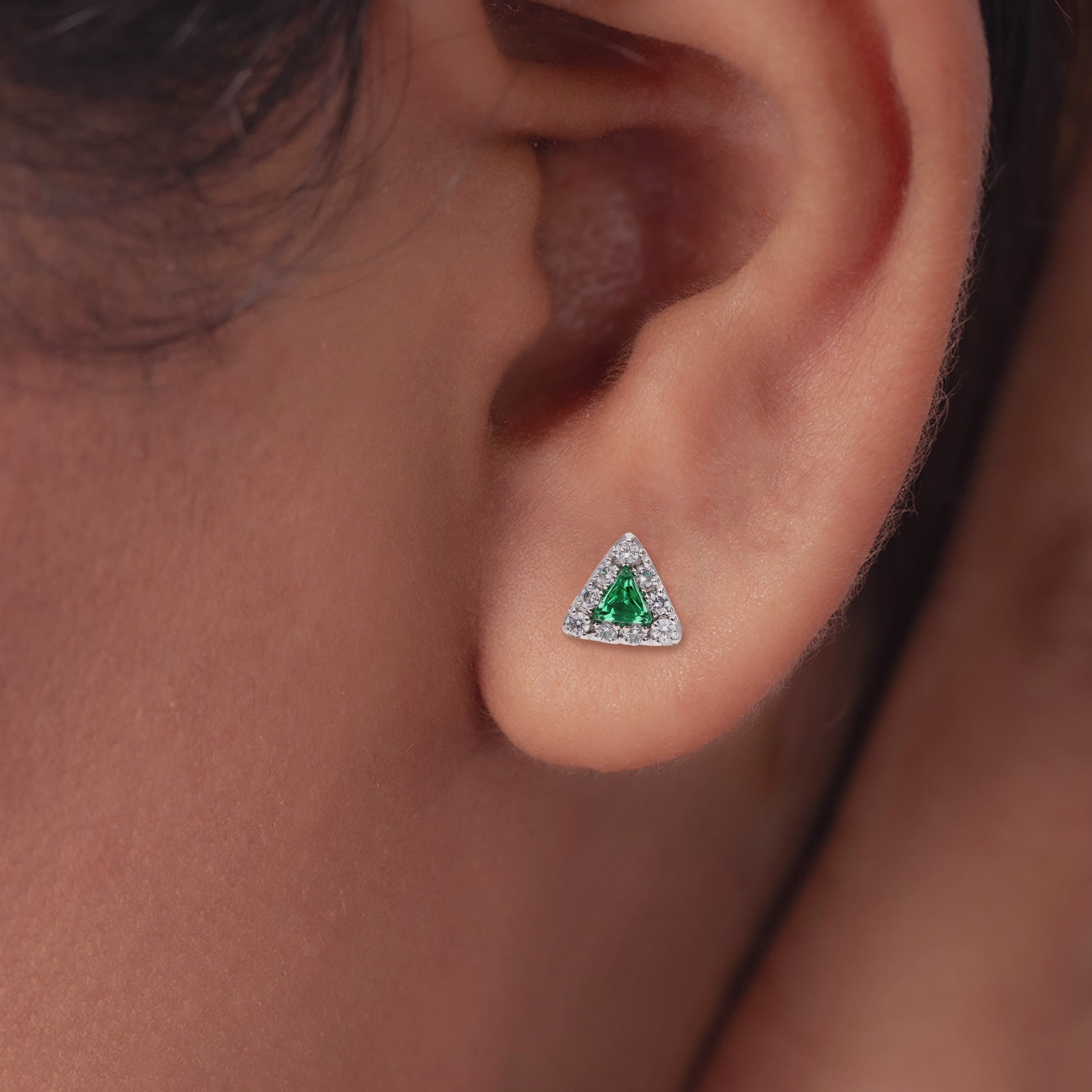 925 Silver Green Triangle Stud Earrings, Emerald CZ Halo Earrings