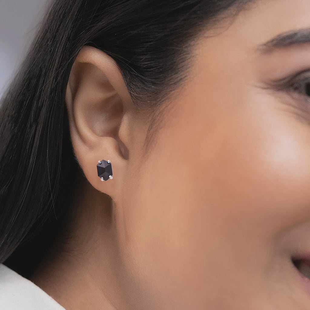 Silver Earrings 925 Hexagon Black Onyx With CZ Stud Earrings Geometric Studs Unisex