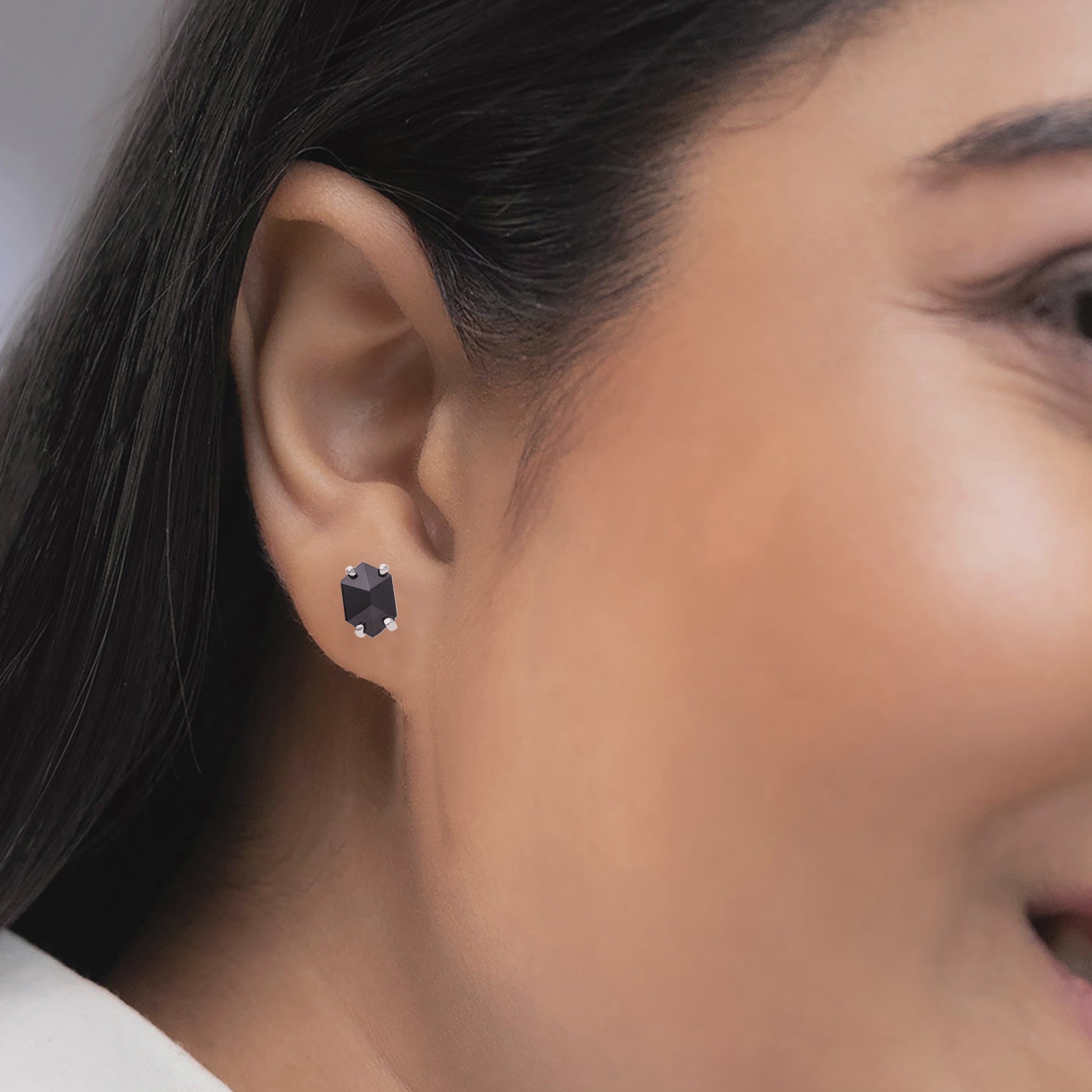 Silver Earrings 925 Hexagon Black Onyx With CZ Stud Earrings Geometric Studs Unisex