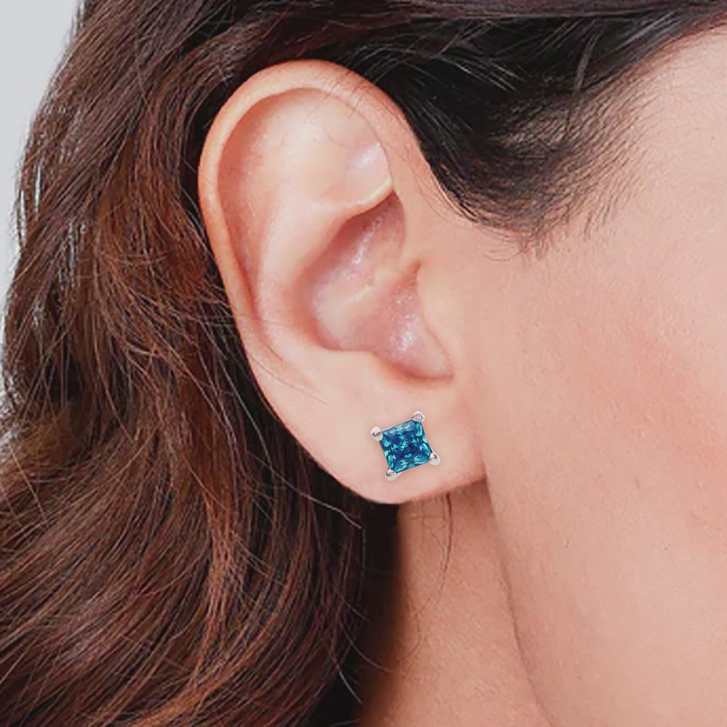 925 Silver Earrings Solitaire Princess Cut CZ Stud Earrings Sparkling Square Earrings