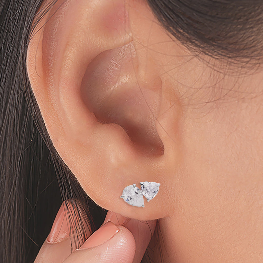 925 Silver Dainty Stud Earrings Pear & Heart CZ Stones Dual Stone Handmade Jewelry