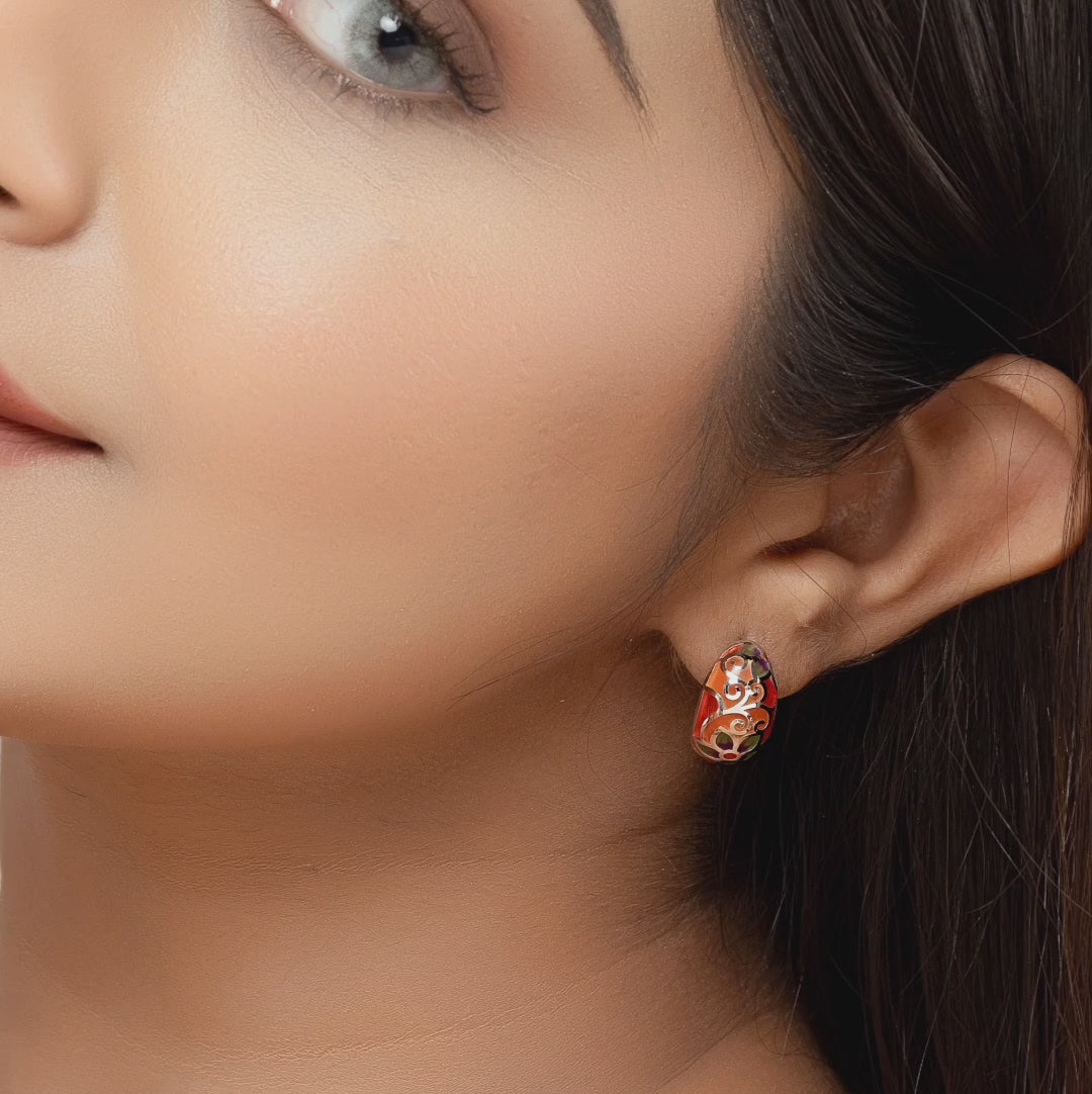Orange Floral Petal Earrings Enamel Earrings 925 Sterling Silver Hoops-17x10 mm