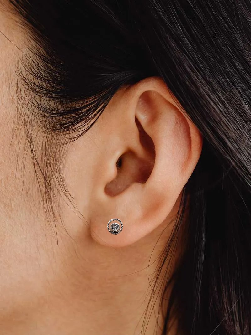 Cubic Zirconia Art Round Stud Earrings Silver Oxidised Vintage Jewel Art Solid 925