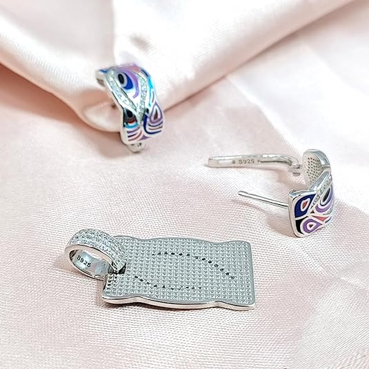 Colorful 925 Sterling CZ English Lock Earrings and Pendant Set for wife Cubic Zirconia Design Minimalist Handmade Gift