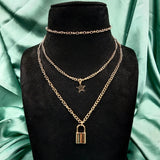 Triple Layer With Star & Lock Pendant Necklace