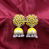 Shiny White & Colorful Stone Floral Face & Jhumka Enamel Earrings