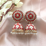 Multi Stone Flower With Flower Jhumka Beads Earrings