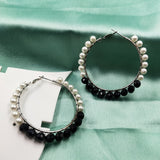 Silver Pearls With Black Stone Hoop Earring