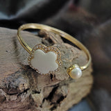 Cuff Style White Pearl & Sparkle Stone Flower Bracelet