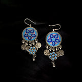 Fine Blue Flower Print In Real Solid 925 Silver Vintage Style Earring