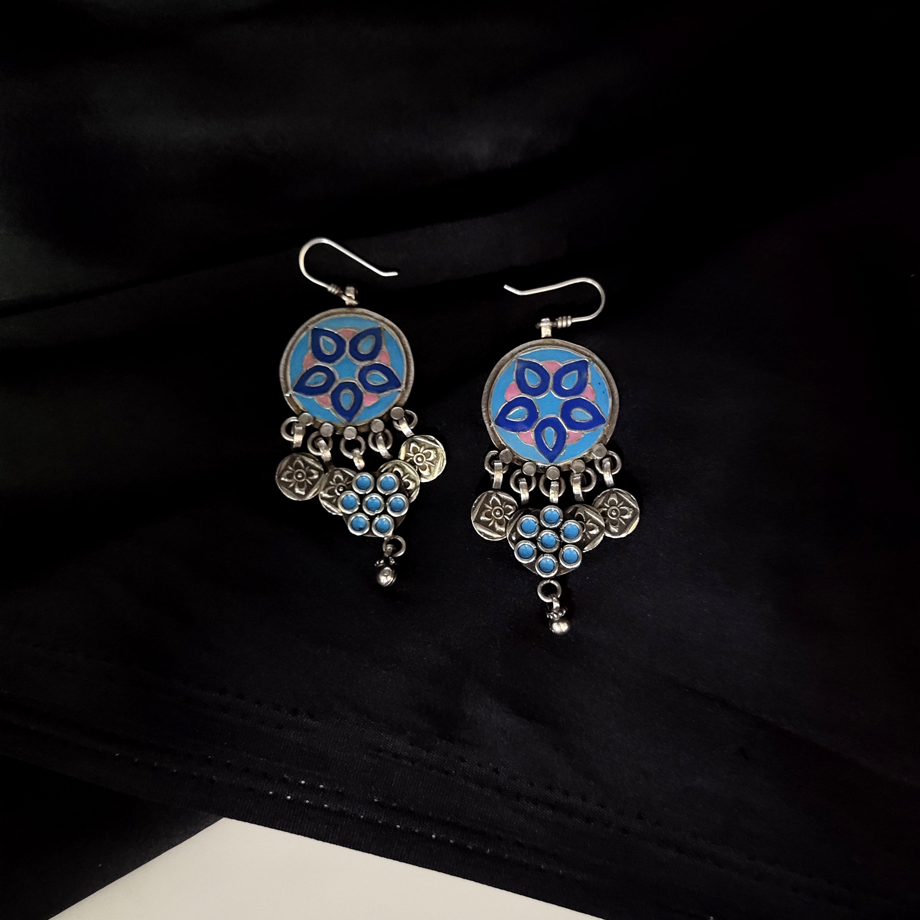 Fine Blue Flower Print In Real Solid 925 Silver Vintage Style Earring