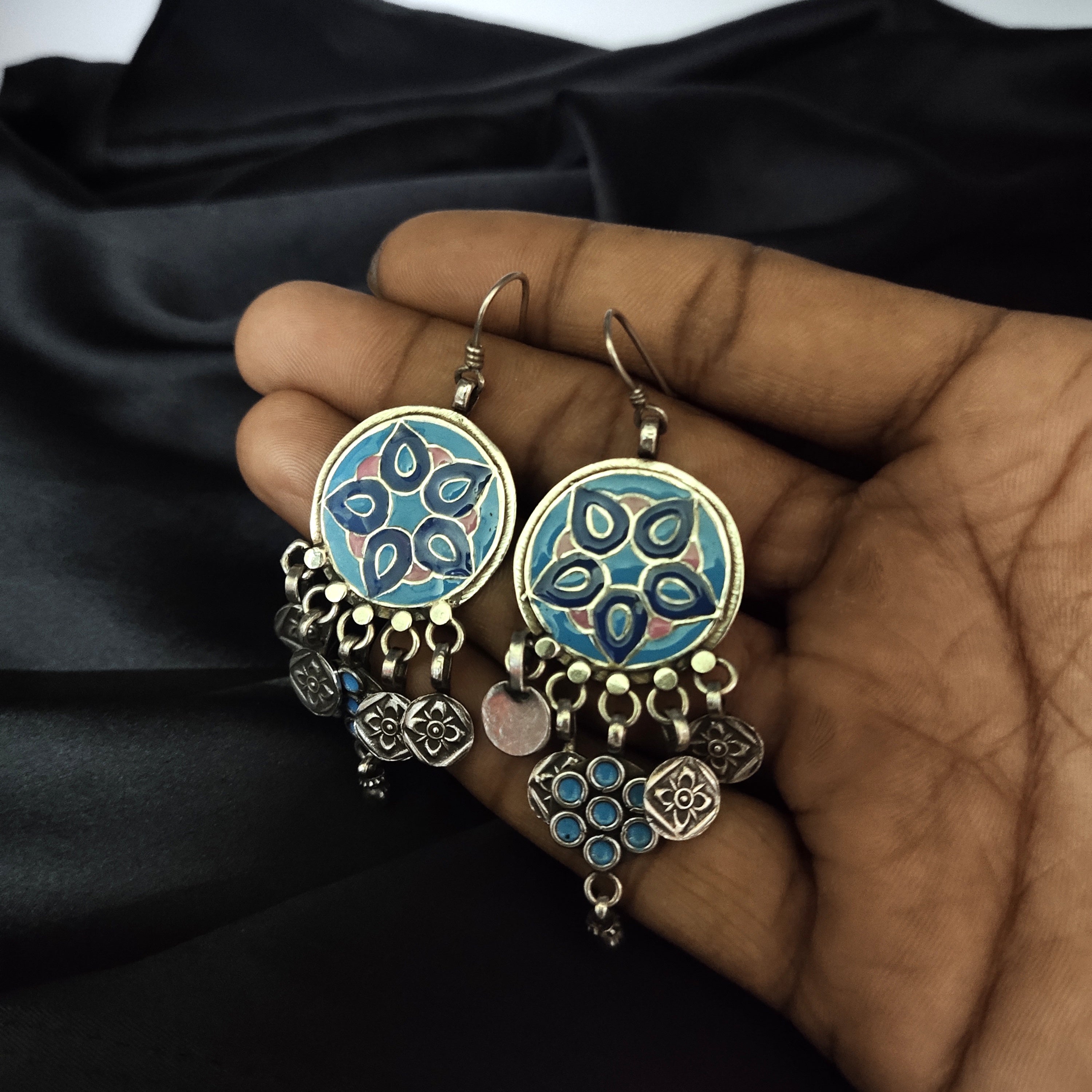 Fine Blue Flower Print In Real Solid 925 Silver Vintage Style Earring