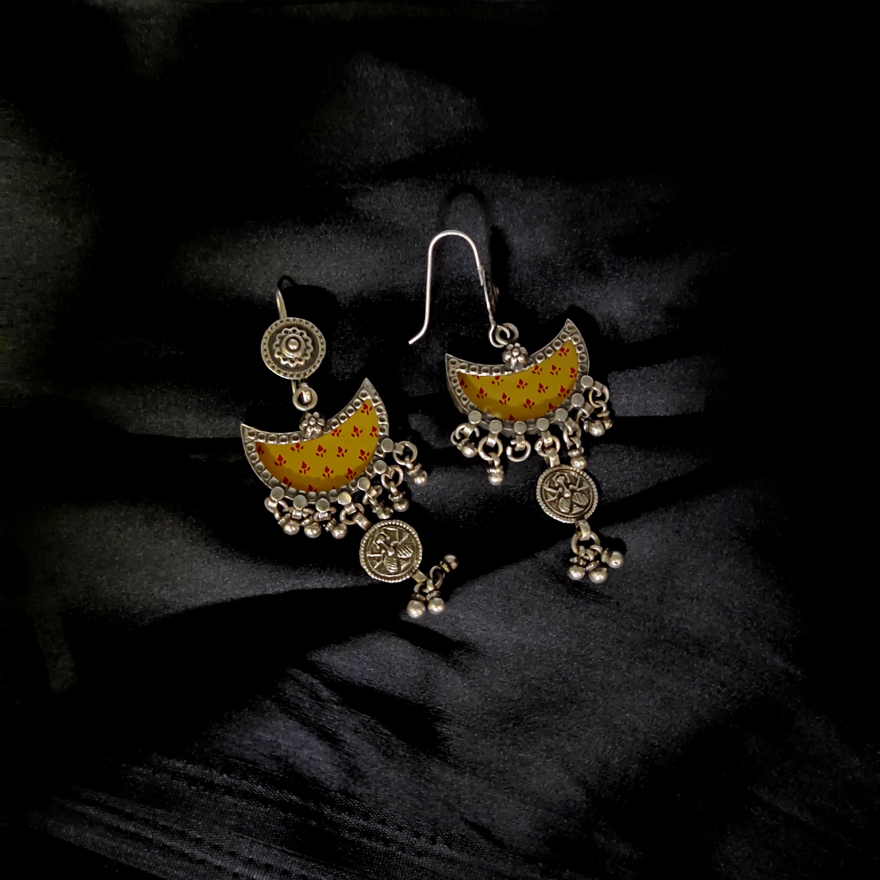 Classy Half Moon Shape Yellow Print In Solid 925 Silver Earring