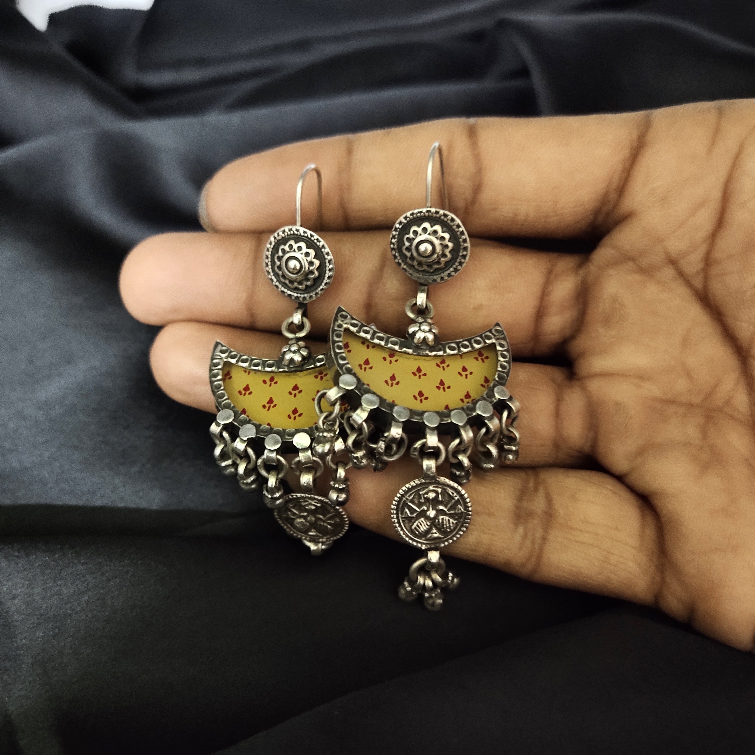 Classy Half Moon Shape Yellow Print In Solid 925 Silver Earring