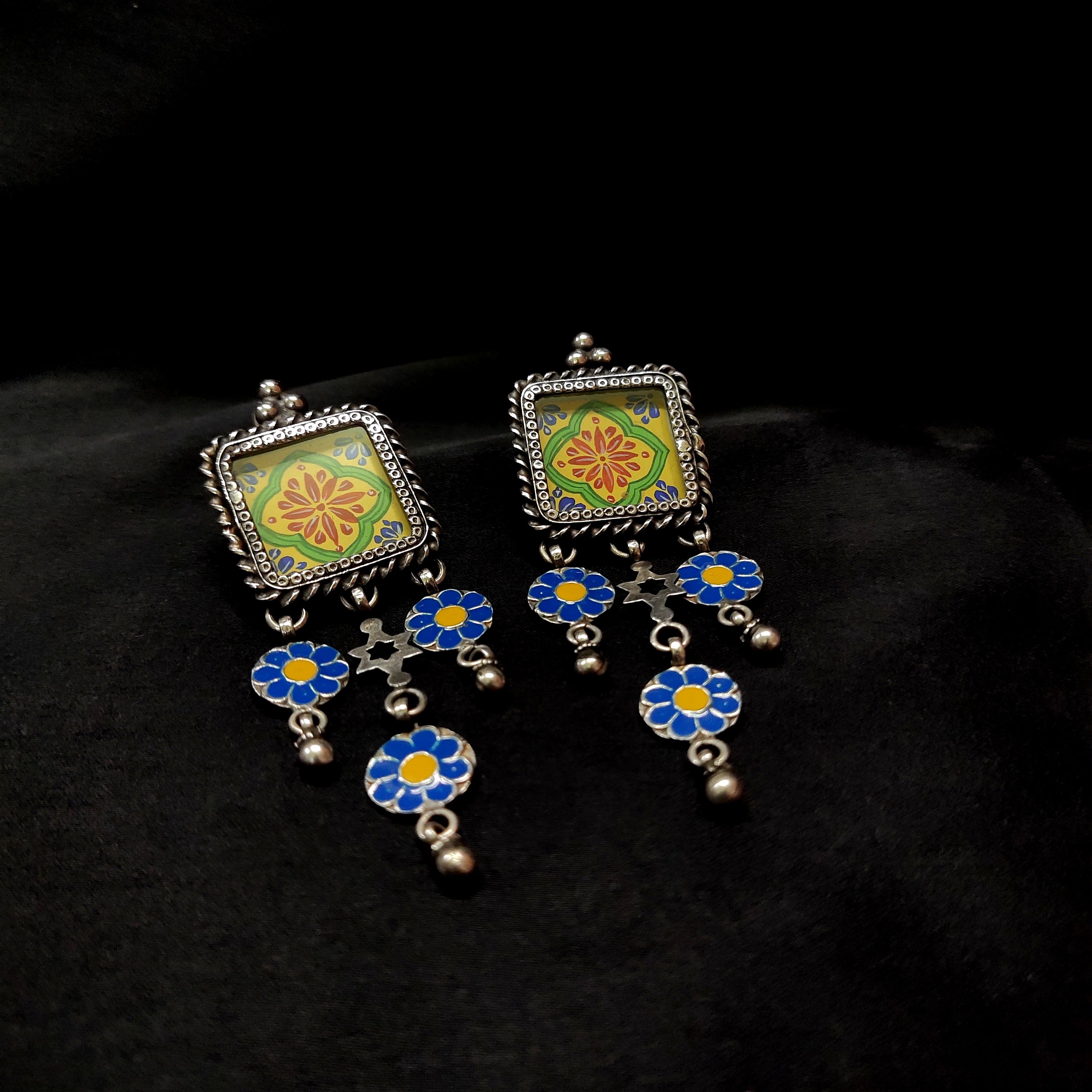 Antique Vintage Style Flower Dangle In Real 925 Silver Earring