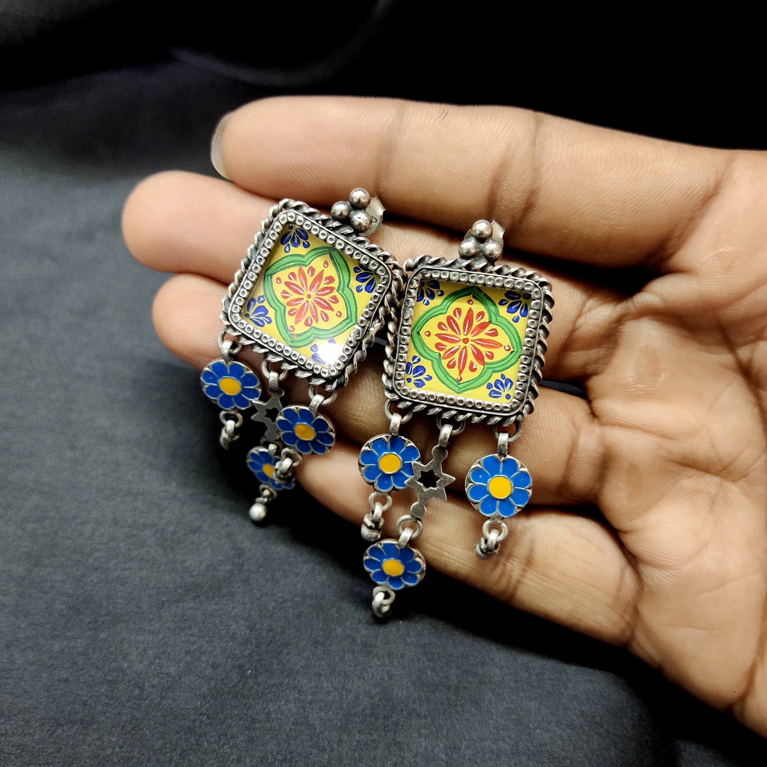 Antique Vintage Style Flower Dangle In Real 925 Silver Earring