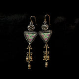 Art Deco Style Triangle Floral Print In Solid 925 Silver Earring