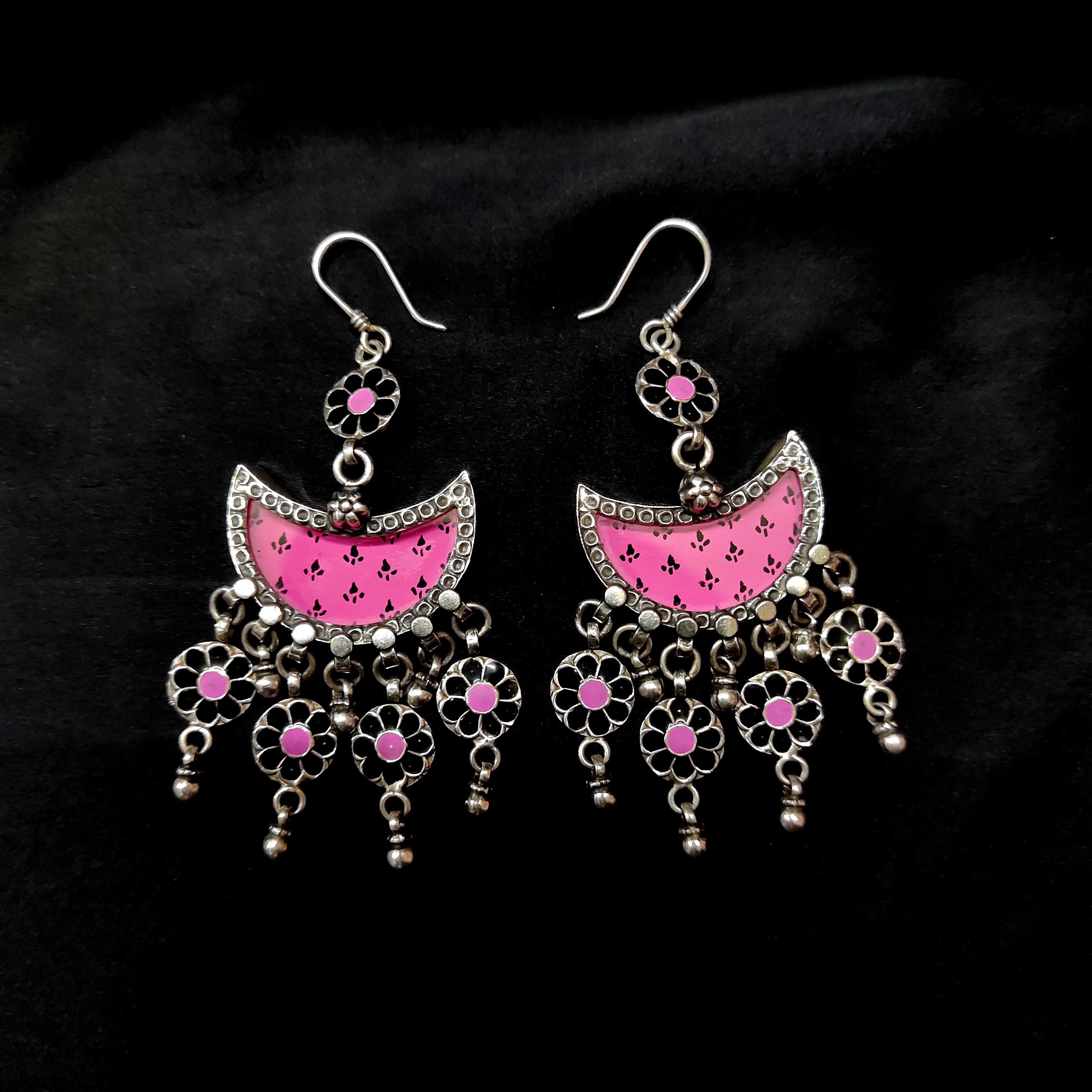 Classy Half Moon Shape Pink Print In Solid 925 Silver Earring