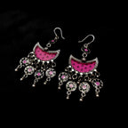 Classy Half Moon Shape Pink Print In Solid 925 Silver Earring