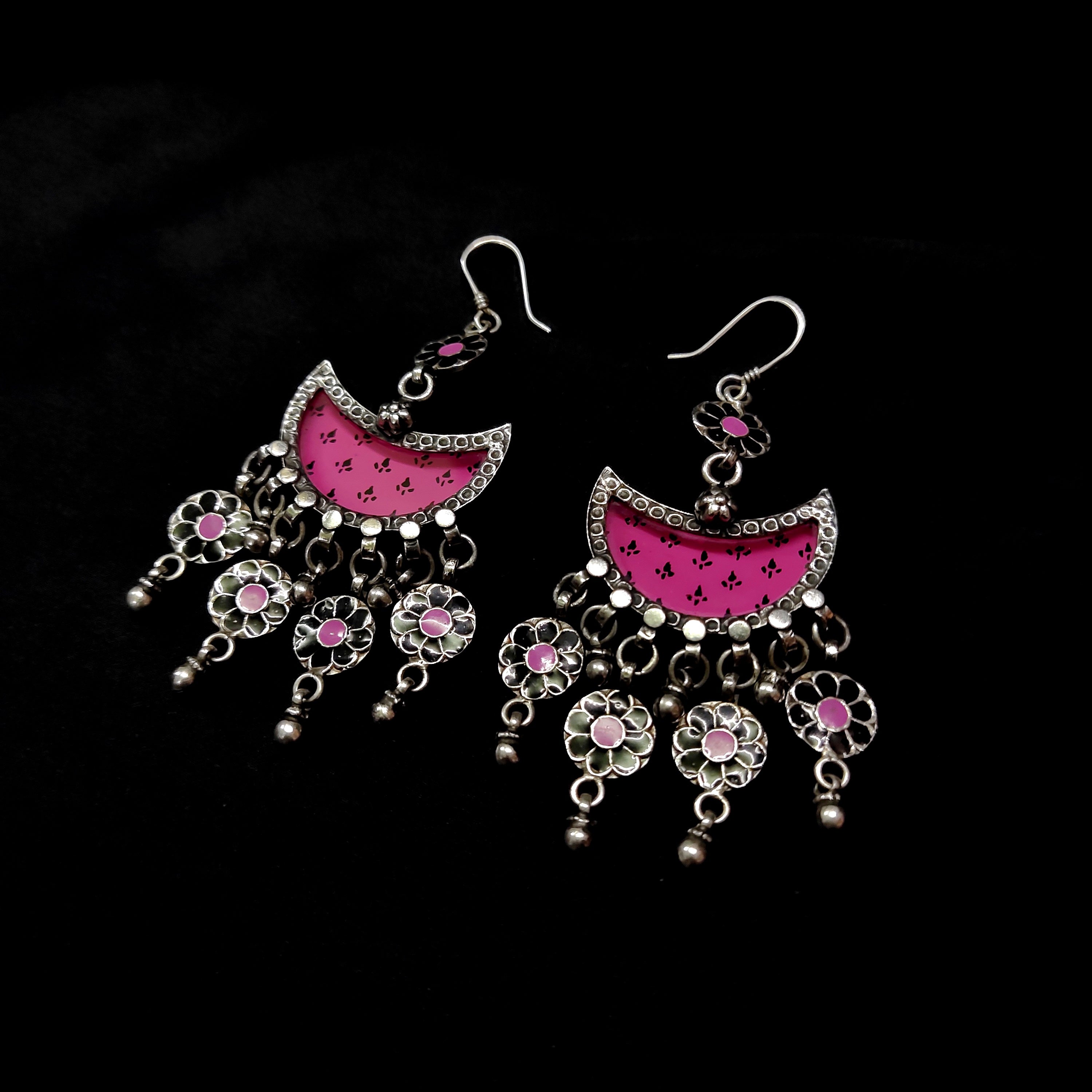 Classy Half Moon Shape Pink Print In Solid 925 Silver Earring