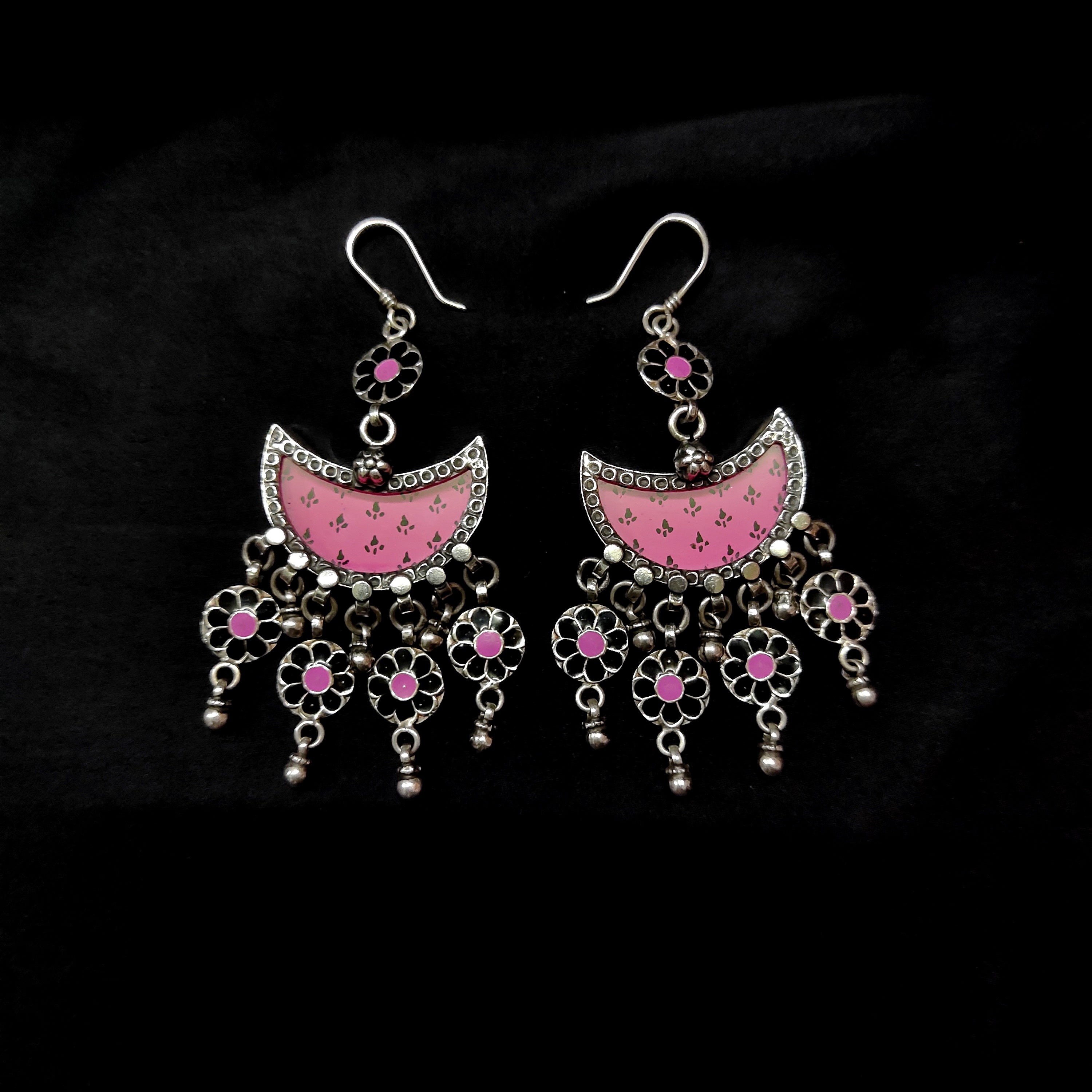 Classy Half Moon Shape Pink Print In Solid 925 Silver Earring