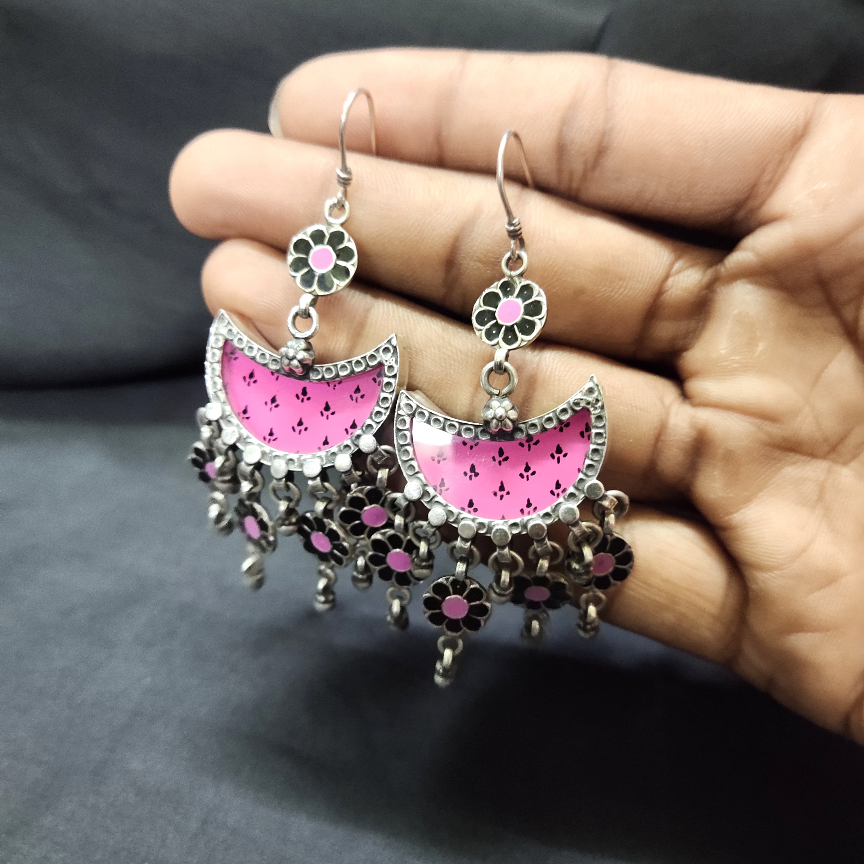 Classy Half Moon Shape Pink Print In Solid 925 Silver Earring