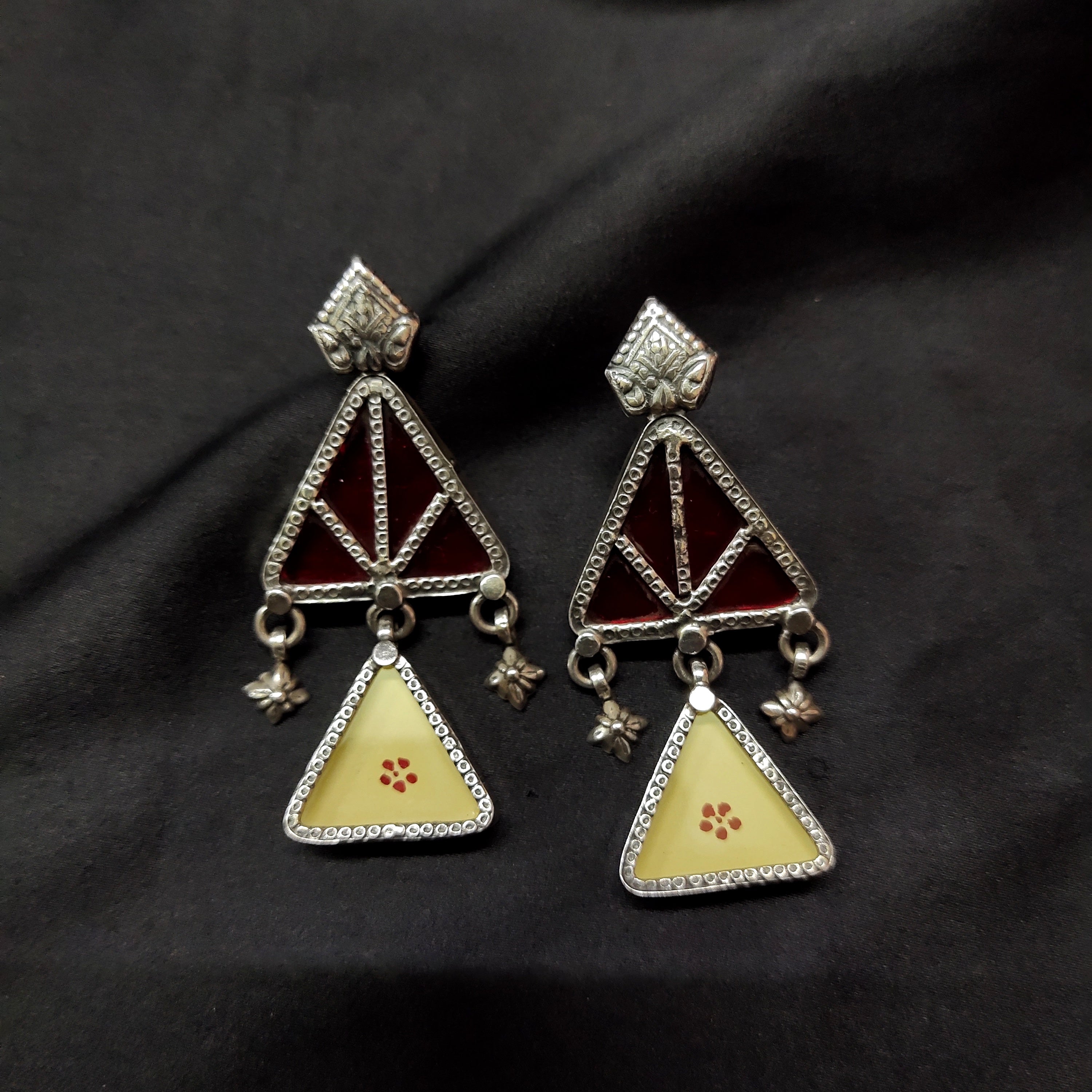 Double Antique Triangle Red & Off white Color In Real 925 Silver Earring