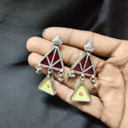 Double Antique Triangle Red & Off white Color In Real 925 Silver Earring