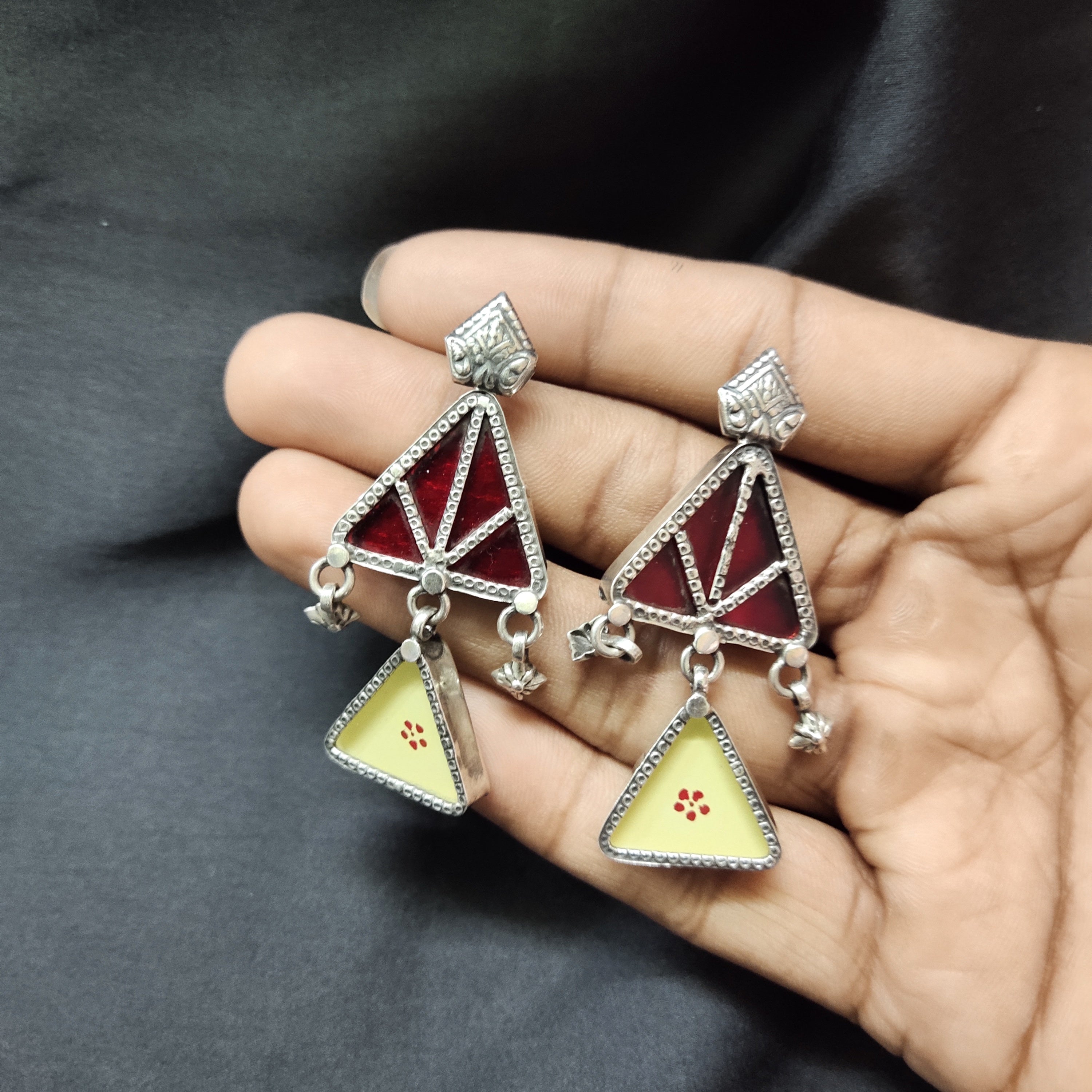 Double Antique Triangle Red & Off white Color In Real 925 Silver Earring