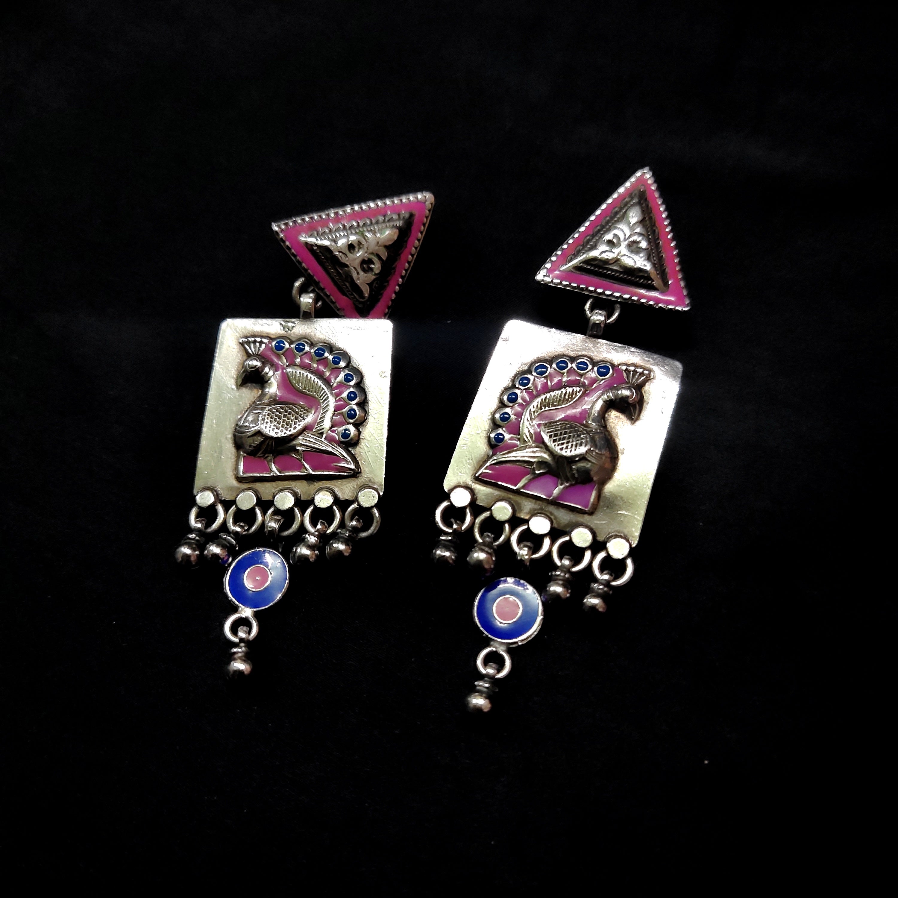 Handmade Triangle Filigree Design With Handmade Peacock 925 Silver Earring