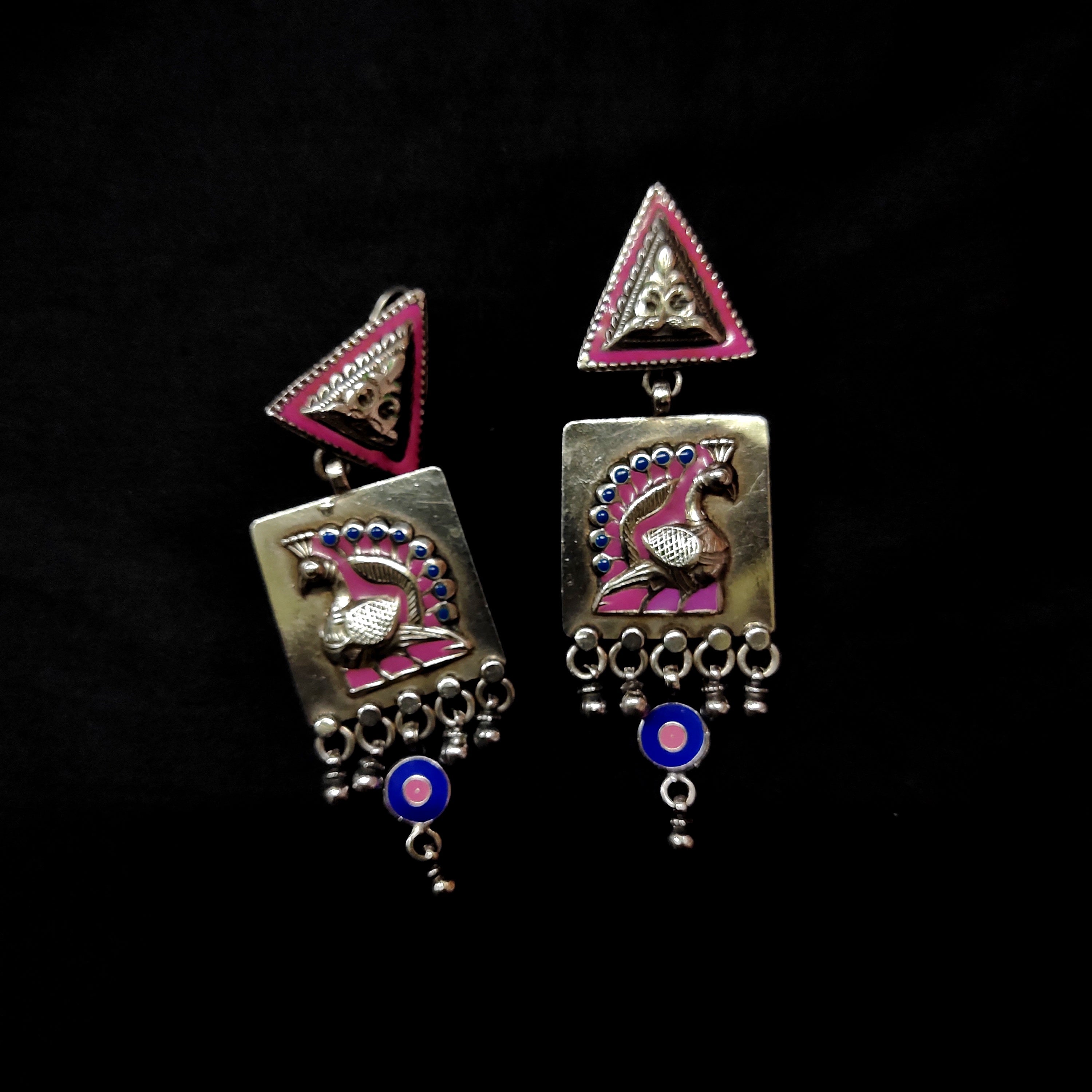 Handmade Triangle Filigree Design With Handmade Peacock 925 Silver Earring