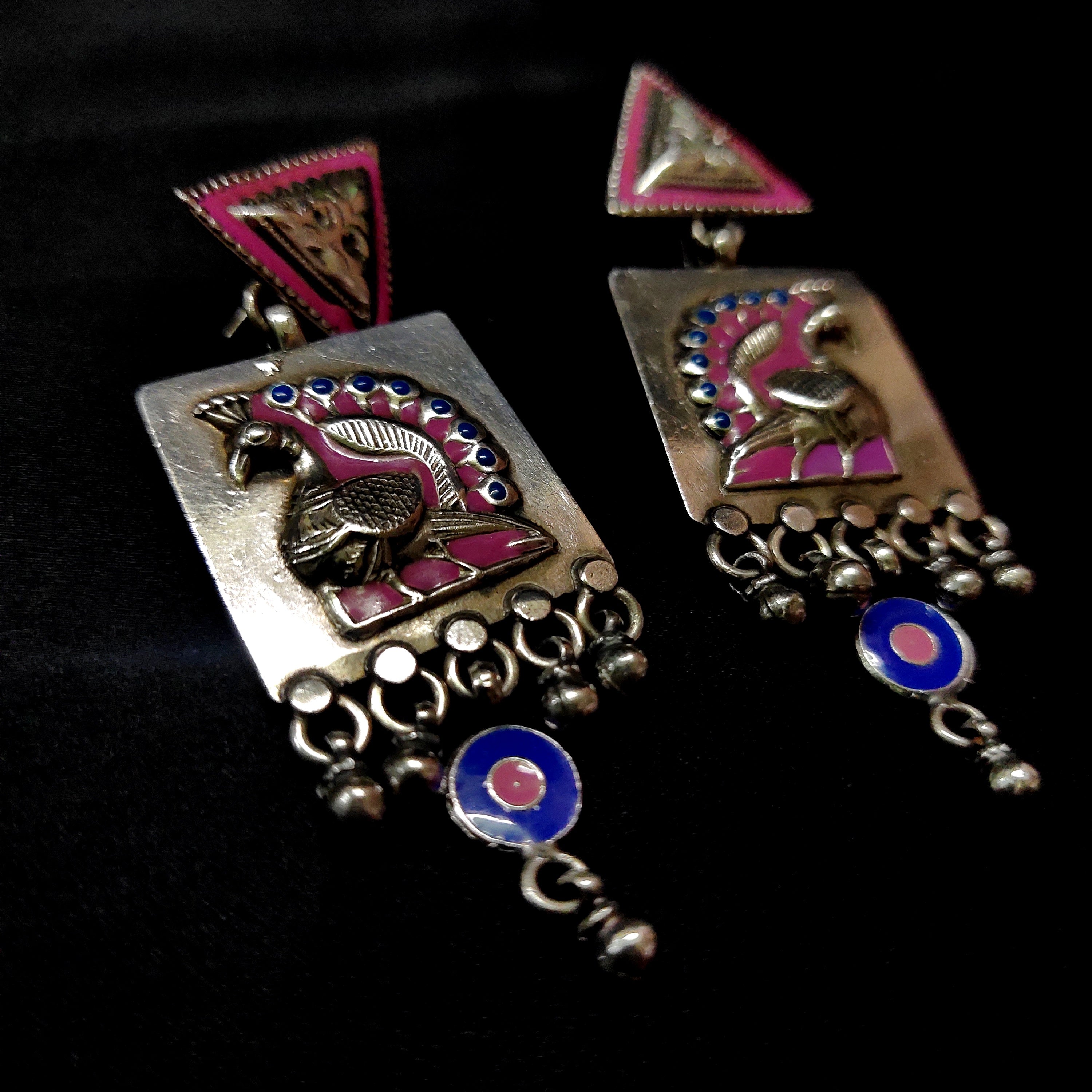 Handmade Triangle Filigree Design With Handmade Peacock 925 Silver Earring