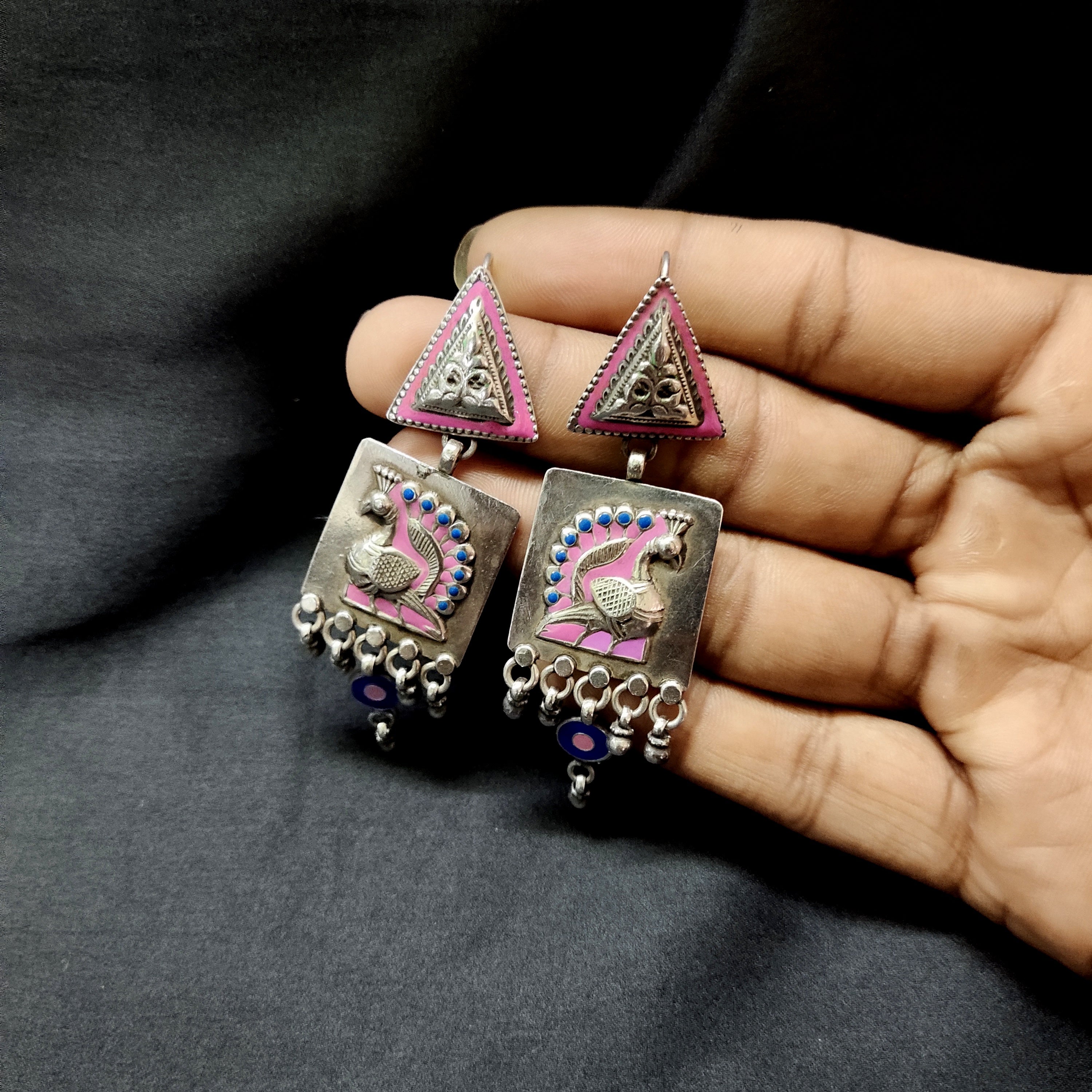 Handmade Triangle Filigree Design With Handmade Peacock 925 Silver Earring